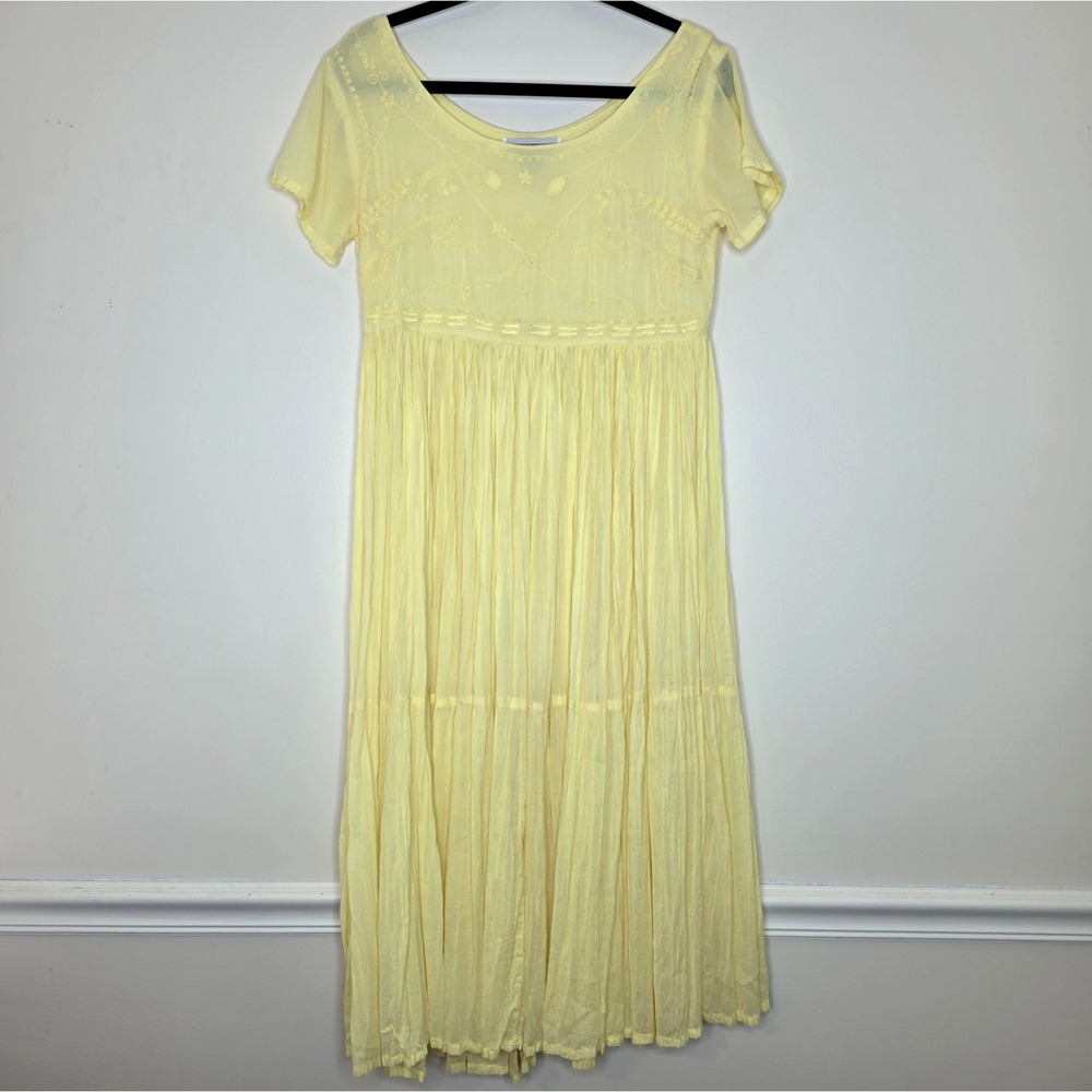 VTG Fads Boho Maxi Dress Sz S Petite Butter Yellow Embroidered Hippie Cottage‎